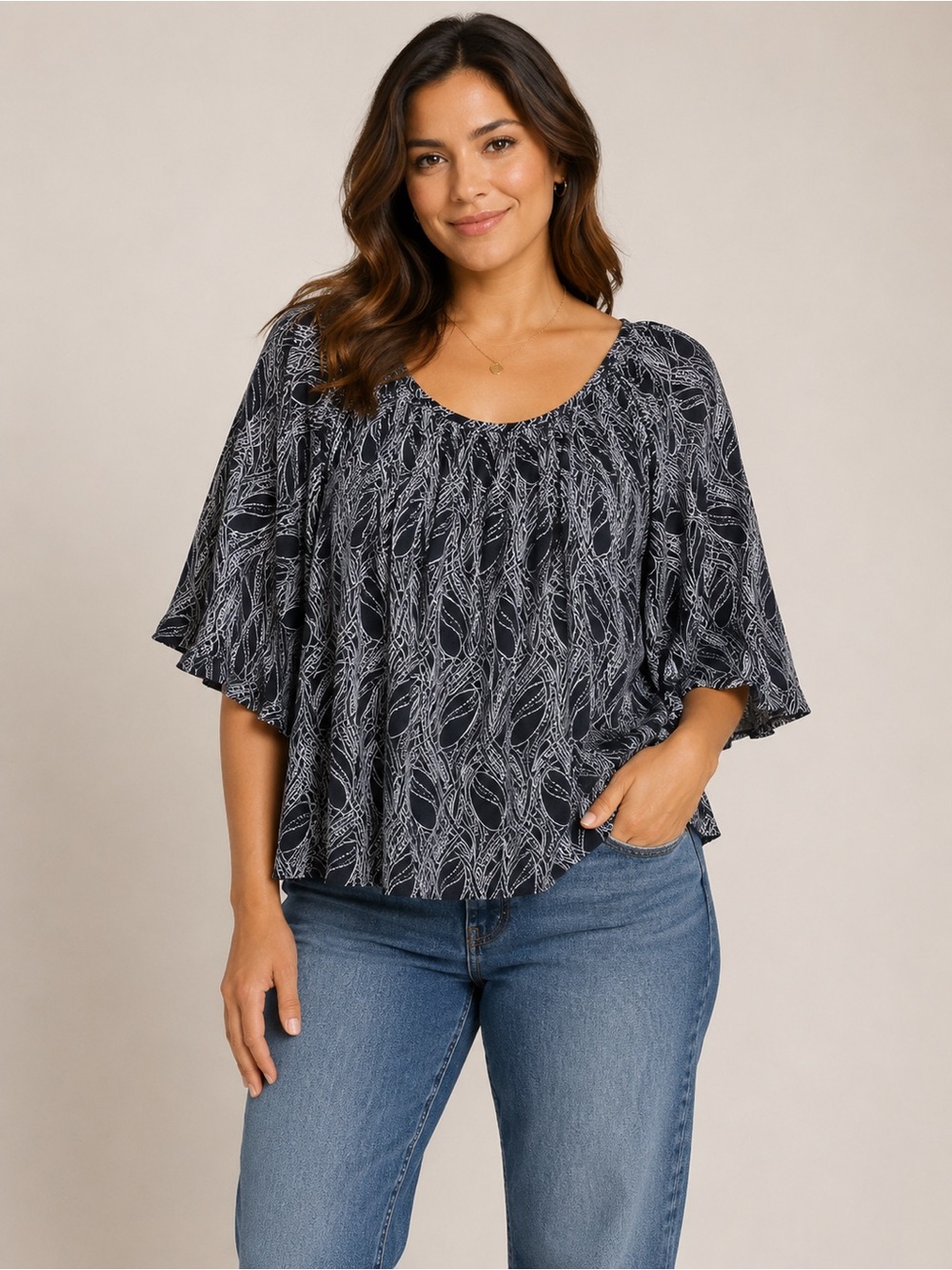 Michael Kors Navy White Flowy Peasant Blouse Elastic Neck Boho Size 2X